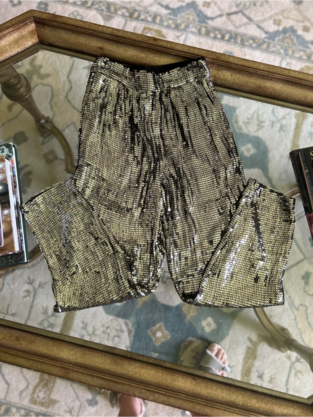 Alice + Olivia Metallic Sequin Pants in Gold and Black
